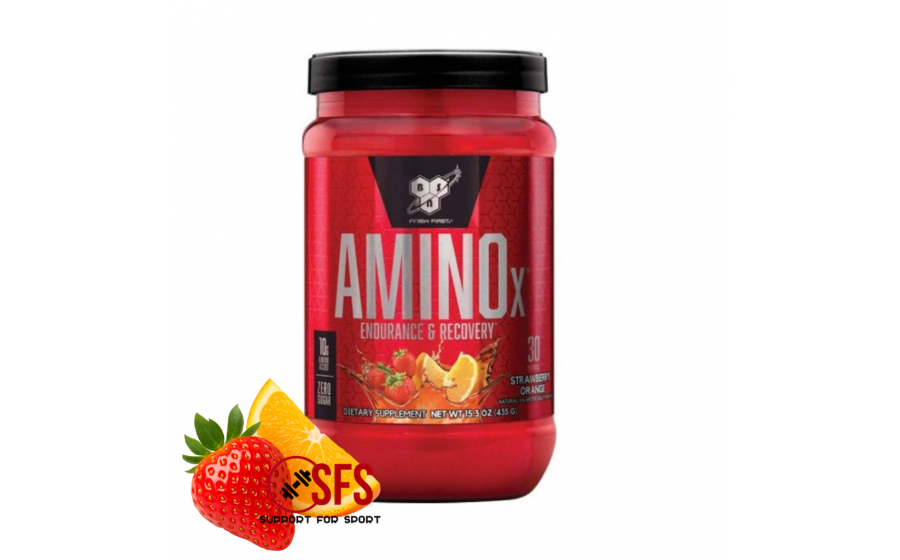 BSN Amino X 435 г — амінокислотний комплекс без цукру, смак полу BSN Amino X полуниця апельсин 435 г амінокислоти