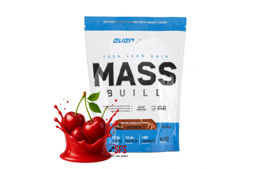 Mass Gainer Cherry 1000 г — Everbuild, 500 ккал, без лактози Everbuild Mass Build Gainer Cherry 1000 г — 30 г білка, без цукр