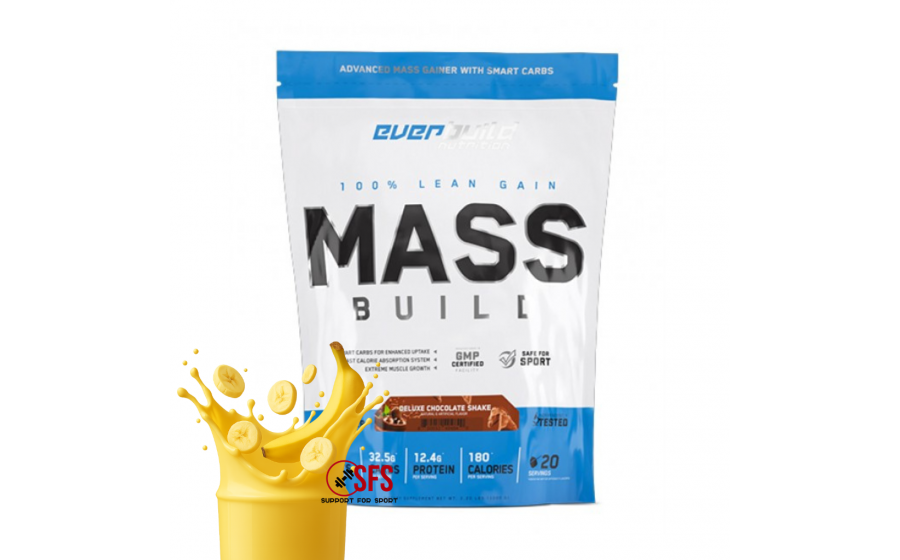 Mass Build Gainer 1000 г Banana — Everbuild, гейнер для маси Everbuild Mass Build Gainer Banana 1000 г — 30 г білка, 500 ккал