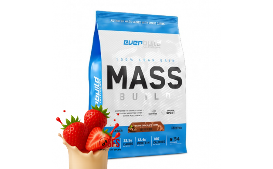 Mass Gainer Strawberry 2720 г — полуничний гейнер без цукру, 100 Everbuild Mass Gainer 2720 г Strawberry — білок 60г, без цукру