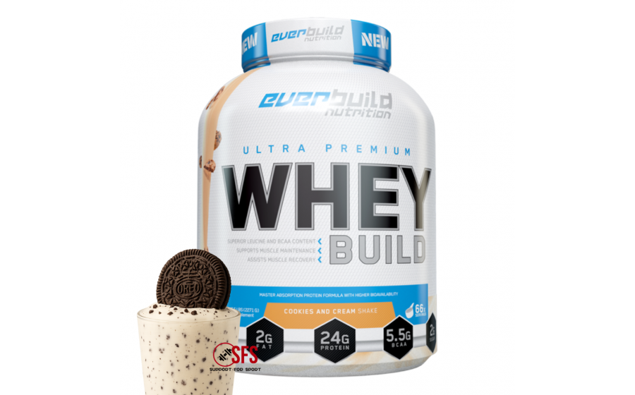 Whey Cookies & Cream 2271 г — Everbuild, low sugar Everbuild Whey Protein Build Cookies & Cream 2271 г