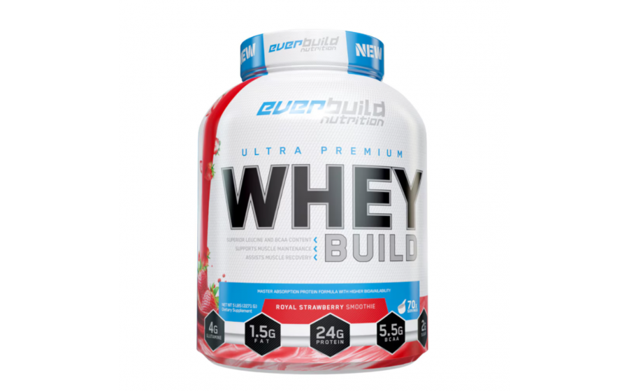 Whey Strawberry Smoothie 2271 г — Everbuild, без глютену Everbuild Whey Protein Build Strawberry Smoothie 2271 г