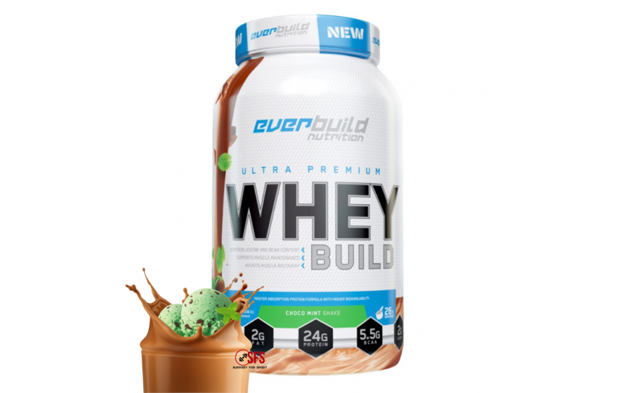 Everbuild Whey Build Choco Mint — 24 г білка, BCAA, пробіотики Everbuild Ultra Premium Whey Build Choco Mint 908 г — протеїн з