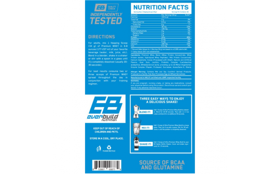 Everbuild Whey Build Choco Mint — 24 г білка, BCAA, пробіотики Everbuild Ultra Premium Whey Build Choco Mint 908 г — протеїн з
