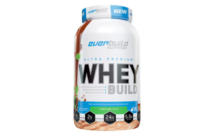 Everbuild Whey Build Choco Mint — 24 г білка, BCAA, пробіотики Everbuild Ultra Premium Whey Build Choco Mint 908 г — протеїн з