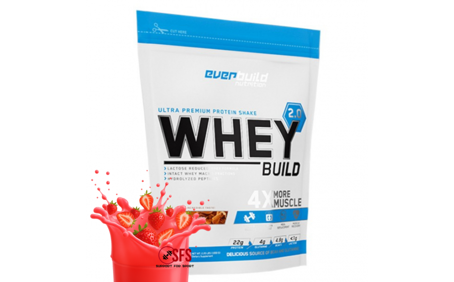 Whey Strawberry 1000 г — Everbuild, low sugar Everbuild Whey Protein Build 2.0 Strawberry 1000 г — без лактози