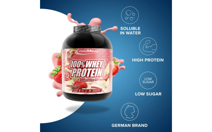 IronMaxx 100% Whey Protein – 2350 г, білий шоколад-клубніка IronMaxx 100% Whey Protein – білий шоколад-клубніка, 2350 г