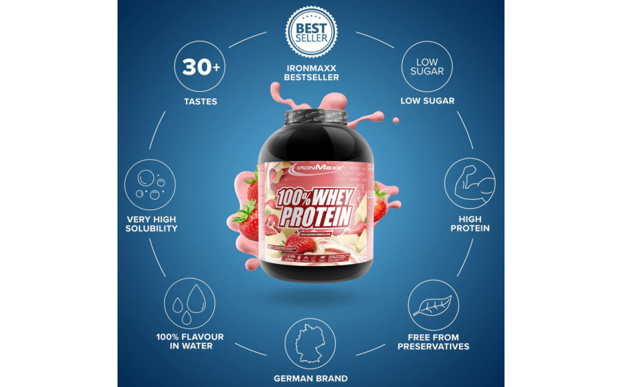 IronMaxx 100% Whey Protein – 2350 г, білий шоколад-клубніка IronMaxx 100% Whey Protein – білий шоколад-клубніка, 2350 г