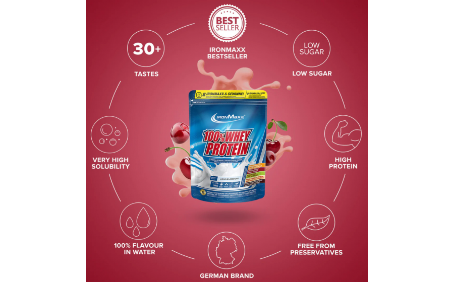 IronMaxx Whey Protein – Вишня-Йогурт 500 г IronMaxx 100% Whey Protein 500 г – Вишня-Йогурт, протеїн Німеччи