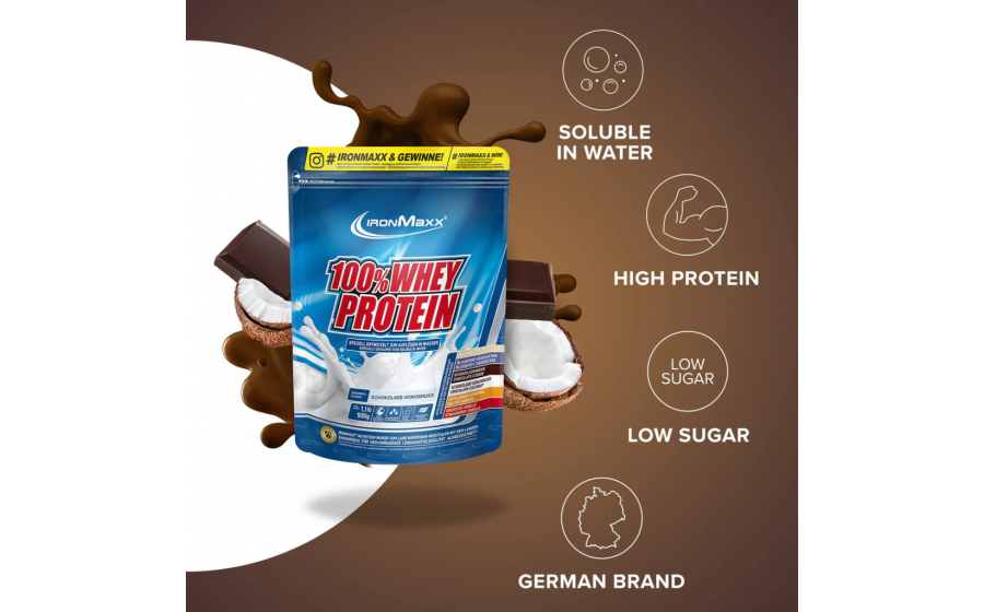 IronMaxx 100% Whey Protein – Шоколад-Кокос IronMaxx 100% Whey Protein 500 г – Шоколад-Кокос, сироватковий п