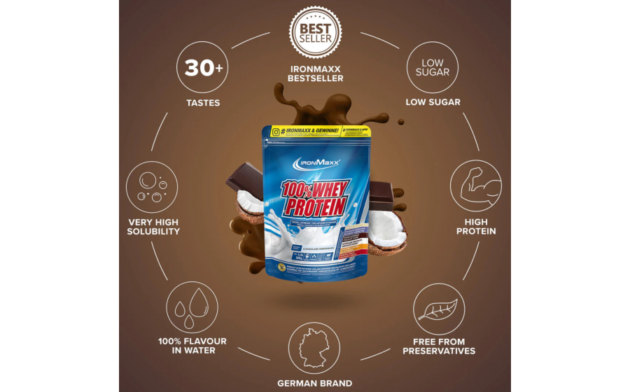 IronMaxx 100% Whey Protein – Шоколад-Кокос IronMaxx 100% Whey Protein 500 г – Шоколад-Кокос, сироватковий п