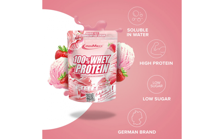 IronMaxx 100% Whey Protein – Полуничне Морозиво IronMaxx 100% Whey Protein 500 г – Полуничне Морозиво