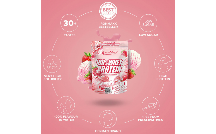 IronMaxx 100% Whey Protein – Полуничне Морозиво IronMaxx 100% Whey Protein 500 г – Полуничне Морозиво