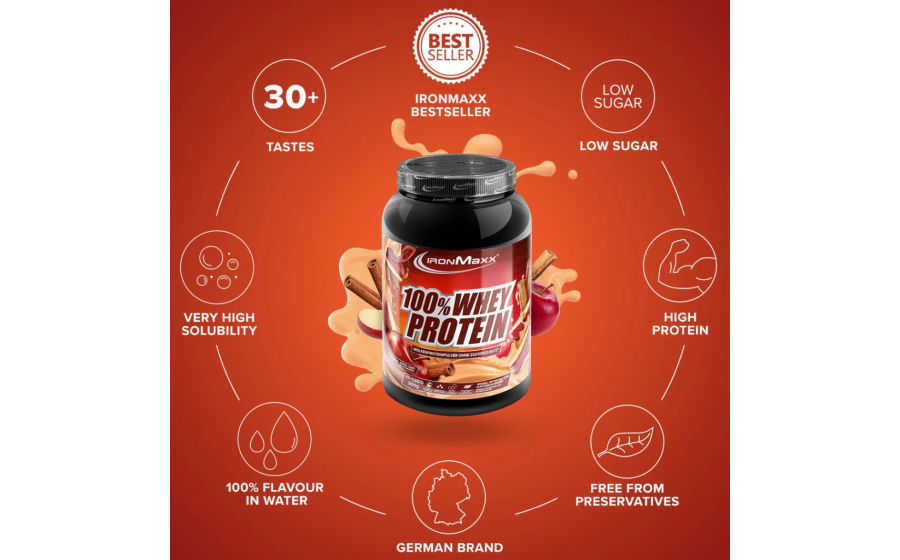 IronMaxx 100% Whey Protein – 900 г, яблуко-кориця IronMaxx 100% Whey Protein – яблуко-кориця, 900 г