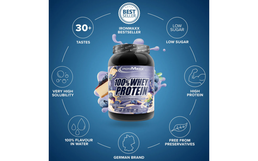 IronMaxx Whey Protein – Чорниця-Чізкейк 900 г IronMaxx 100% Whey Protein 900 г – Чорниця-Чізкейк