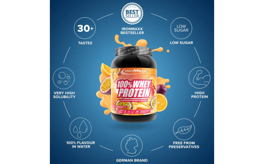 IronMaxx 100% Whey Protein Orange Passion Fruit 900 г – протеїн 