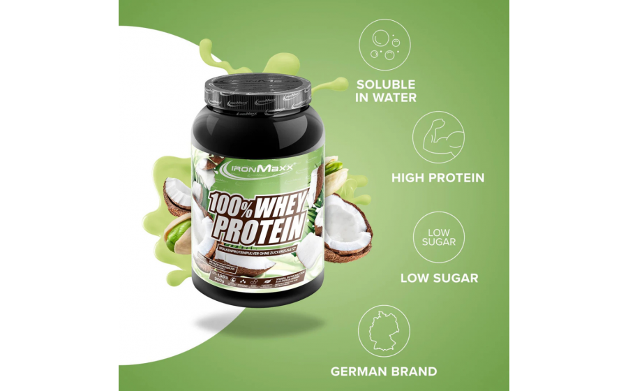 IronMaxx Whey Protein – Фісташка-Кокос 900 г IronMaxx 100% Whey Protein 900 г – Фісташка-Кокос, протеїн Німеч