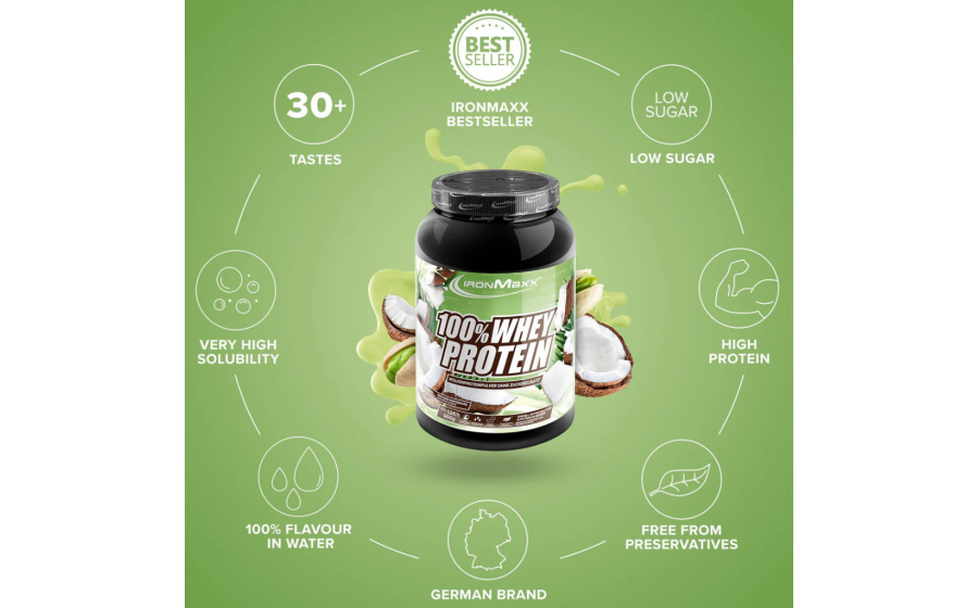IronMaxx Whey Protein – Фісташка-Кокос 900 г IronMaxx 100% Whey Protein 900 г – Фісташка-Кокос, протеїн Німеч