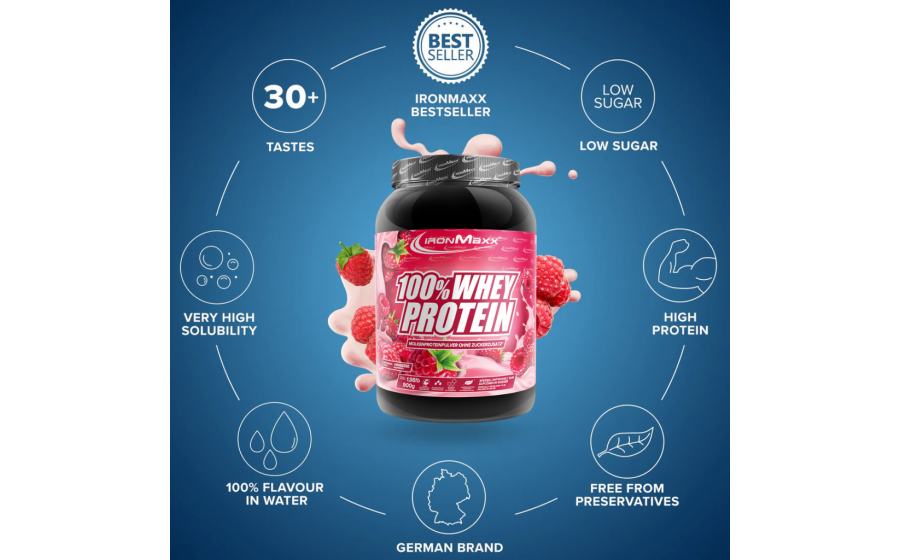 IronMaxx 100% Whey Protein Raspberry 900 г IronMaxx 100% Whey Protein Raspberry 900 г – протеїн малина