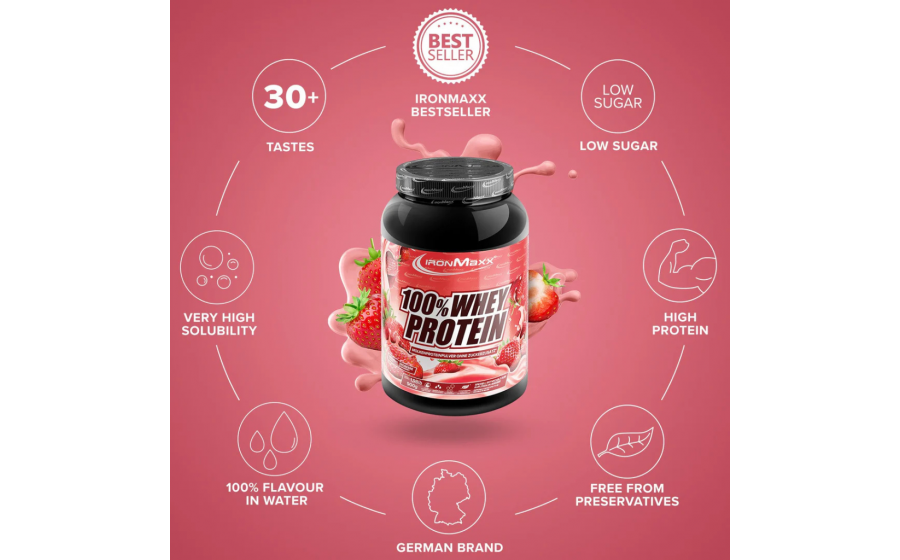 IronMaxx Whey Protein – Клубніка 900 г IronMaxx 100% Whey Protein 900 г – Клубніка, протеїн Німеччина