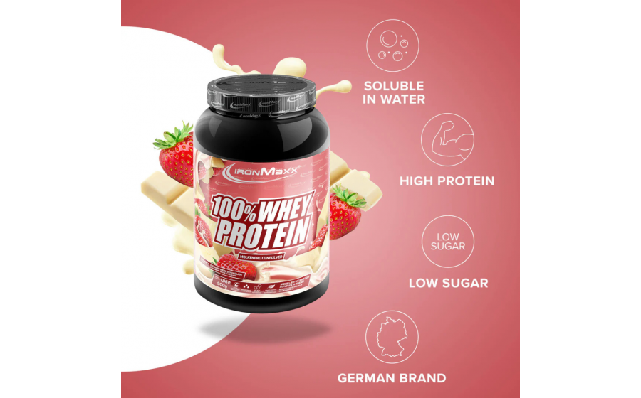 IronMaxx Whey Protein Білий Шоколад-Клубніка IronMaxx 100% Whey Protein 900 г – Білий Шоколад-Клубніка