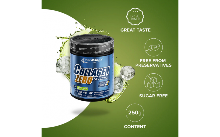 IronMaxx Collagen Powder Zero – колаген без цукру, 250 г, Зелени IronMaxx Collagen Powder Zero 250 г – Green Tea Lemon; порошкови