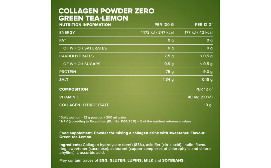 IronMaxx Collagen Powder Zero – коллаген без сахара, 250 г, Зелё IronMaxx Collagen Powder Zero 250 г – Green Tea Lemon; порошковы