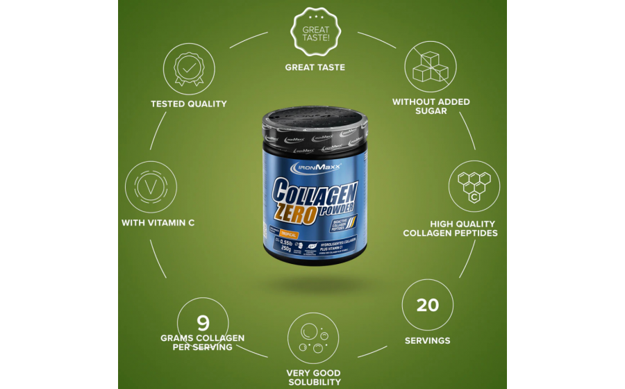 IronMaxx Collagen Powder Zero – коллаген без сахара, 250 г, Зелё IronMaxx Collagen Powder Zero 250 г – Green Tea Lemon; порошковы