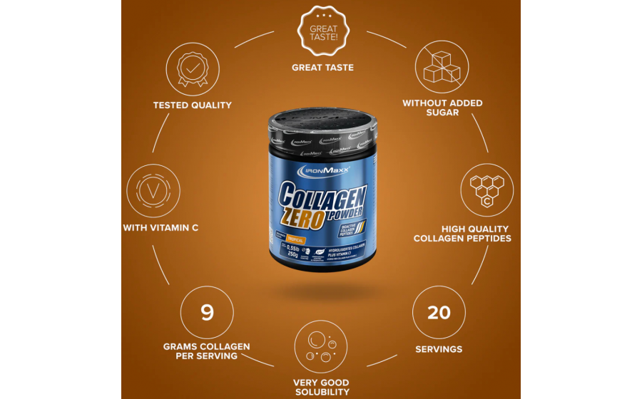 IronMaxx Collagen Powder Zero – колаген без цукру, 250 г, Тропіч IronMaxx Collagen Powder Zero 250 г – Tropical; порошковий колаг