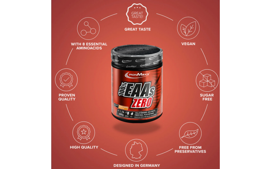 IronMaxx EAAs Zero – Peach Iced Tea – аминокислоты без сахара IronMaxx 100% EAAs Zero 500 г – аминокислоты без сахара, вкус Pe