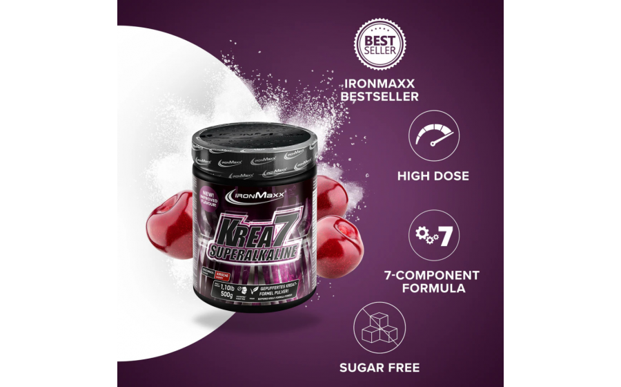 IronMaxx Krea7 Superalkaline Powder – вишня, 500 г IronMaxx Krea7 Superalkaline Powder – 7 форм креатину, смак вишн