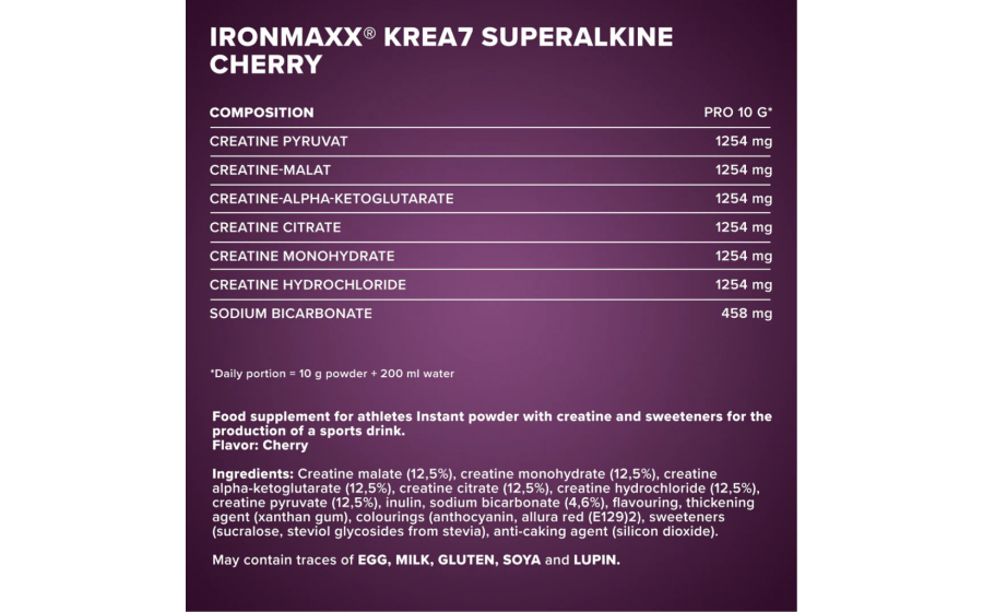 IronMaxx Krea7 Superalkaline Powder – вишня, 500 г IronMaxx Krea7 Superalkaline Powder – 7 форм креатину, смак вишн