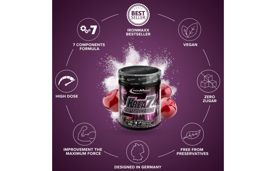 IronMaxx Krea7 Superalkaline Powder – вишня, 500 г IronMaxx Krea7 Superalkaline Powder – 7 форм креатину, смак вишн
