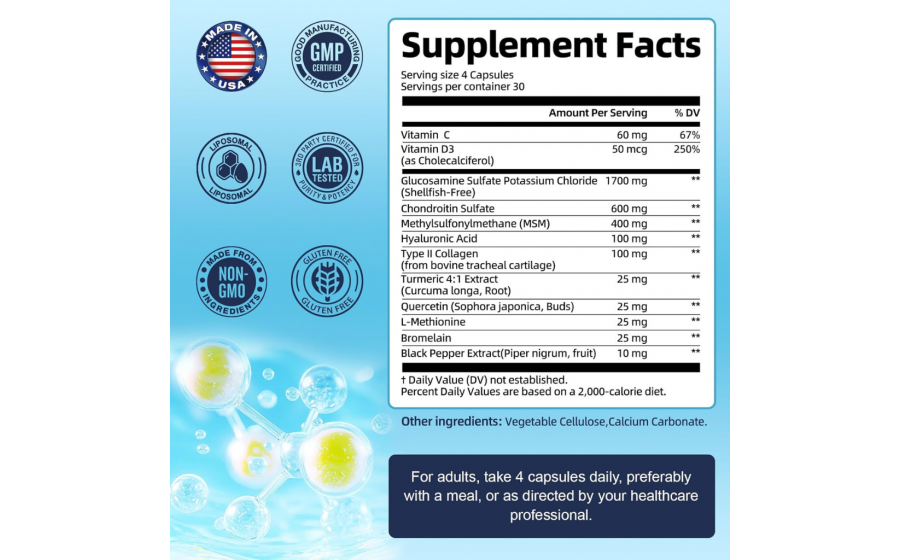 Liposomal Glucosamine Chondroitin — відновлення та захист суглоб Totaria Liposomal Glucosamine Chondroitin 3000 мг — капсули для