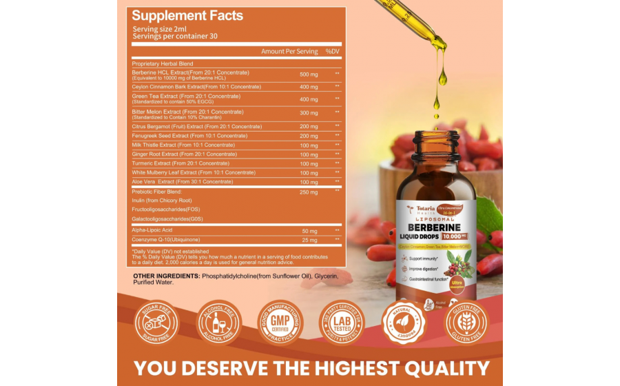 Totaria Health Ліпосомальний берберин 10,000 мг – 60 мл Totaria Health Liposomal Berberine – рідкий берберин 10,000 мг у