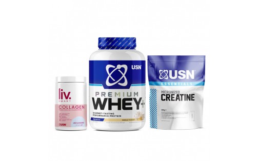 Whey+ Premium Protein (2 kg vanilla) + Essentials Micronized Creatine (500 g) + LivSmart Collagen (330 g unflavoured)