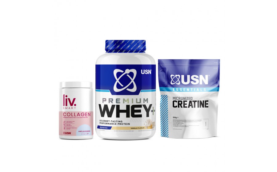 Whey+ Premium Protein (2 kg vanilla) + Essentials Micronized Creatine (500 g) + LivSmart Collagen (330 g unflavoured)