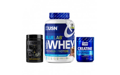 Blue Lab 100% Whey Premium Protein (2 kg caramel popcorn) + Micronized Creatine Monohydrate (500 g) + Qhush Black Pre-workout (220 g frosted lemon)