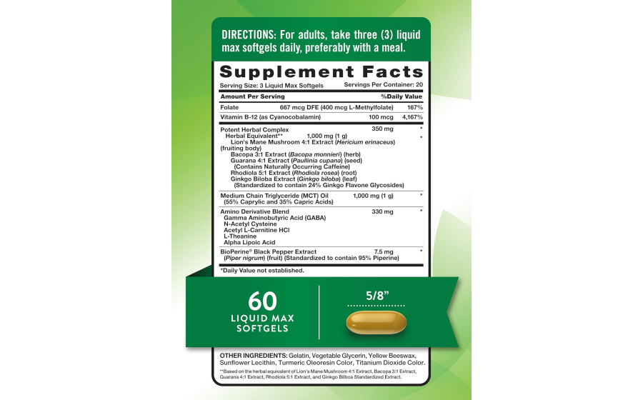 Nature's Truth Brain Up 60 Liquid Softgels with L-Theanine, Baco