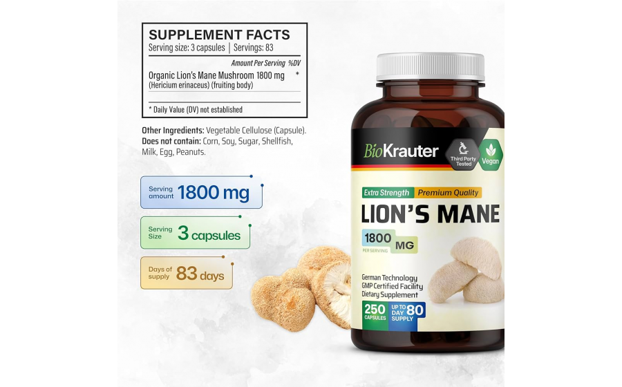 BioKrauter Lion's Mane Mushroom 1800 mg 240 capsules